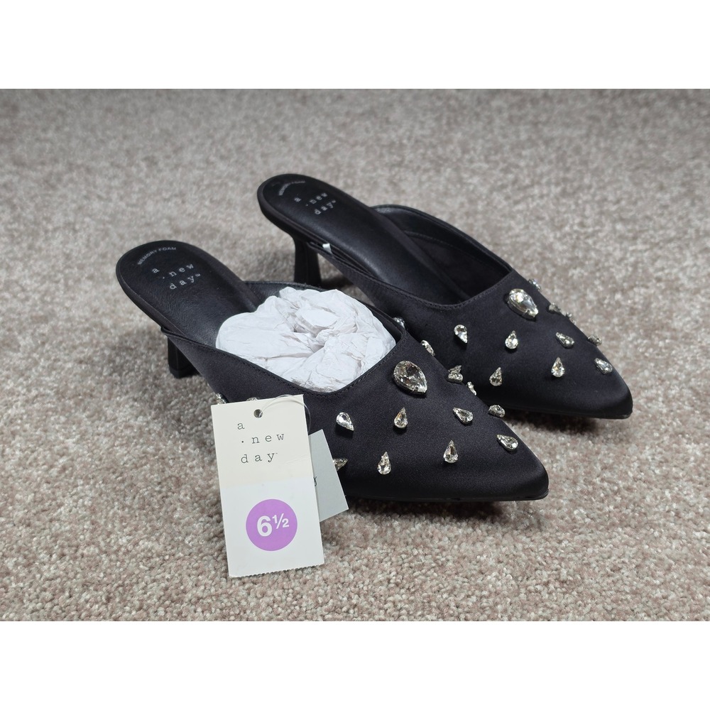 A New Day Katia Black Satin Rhinestone Pointed Toe Kitten Heel Mules 6.5